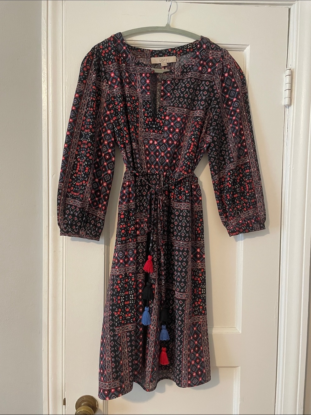 LOFT Navy & Red Patterned Tassel-Waist Dress